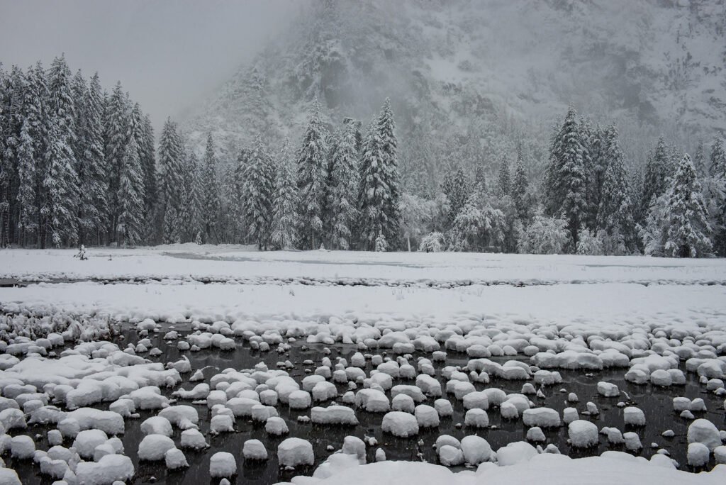 Snow on the Merced River. Yosemite National Park, CA