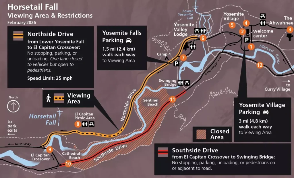 Map of Horsetail Fall viewing area & restrictions from NPS.gov